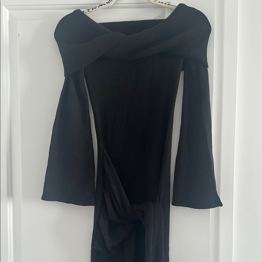 Meshki Black Off-Shoulder Bodycon Dress with Bell Sleeves